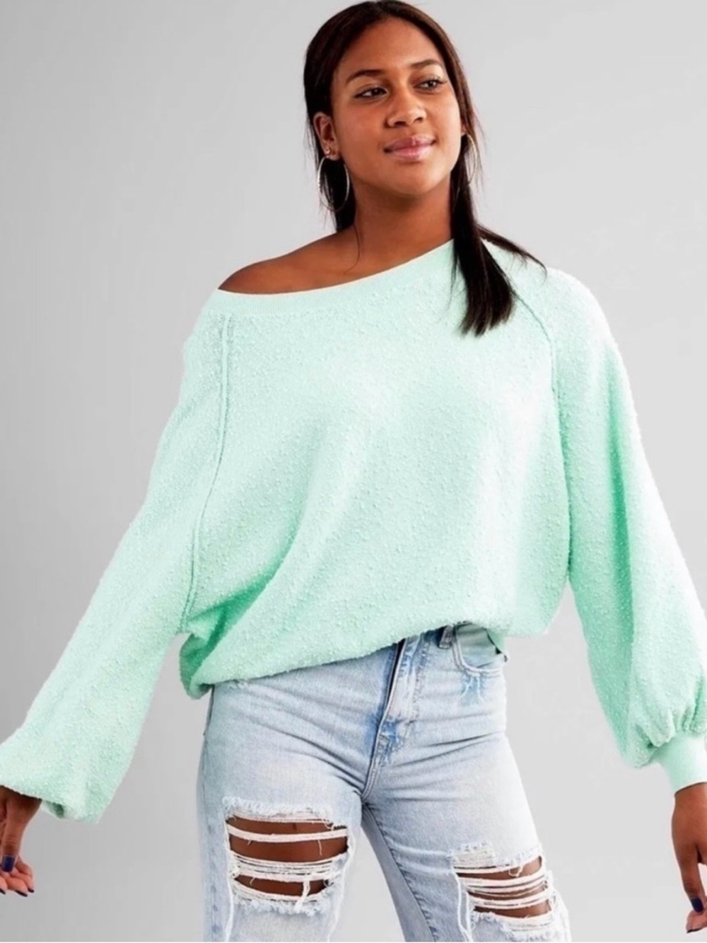 Free People Mint Green Off-Shoulder Sweater